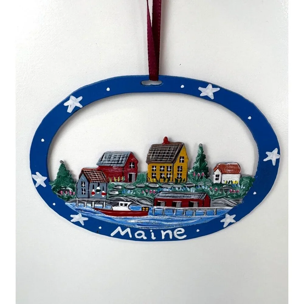 Maine Christmas Cut Metal‎ Ornament Village Scene Handpainted Made In USA